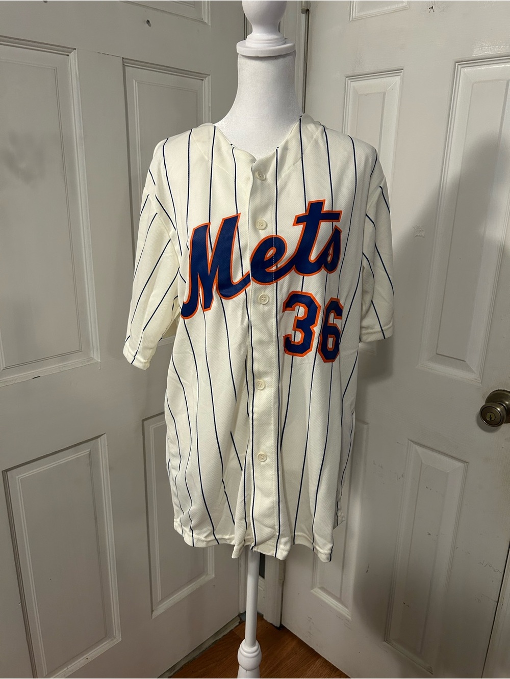 New York Mets #36 Pinstripe Baseball Jersey - White with Blue & Orange